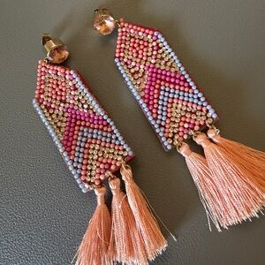 Beaded Pink & Peach Tassel Statement Earrings